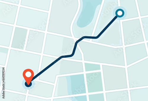 A map depicting a route between two points marked by an orange pin and a blue marker
