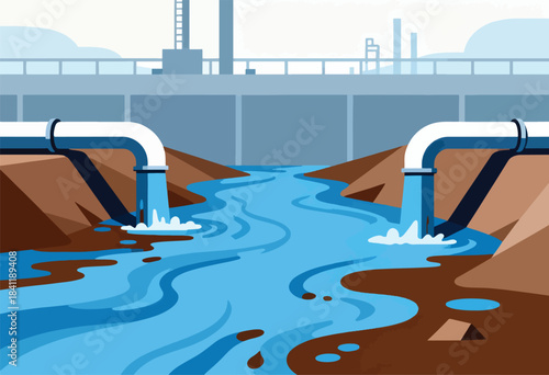 Illustration shows water flowing from pipes, possibly polluted, into a stream, suggesting industrial impact