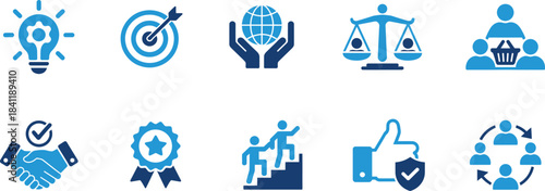Comprehensive set of corporate and business strategy icons illustrating ideas, goals, global impact, ethics.