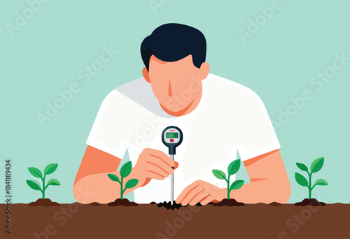 An illustrated person tests soil next to young plants. The image is on an off-white background