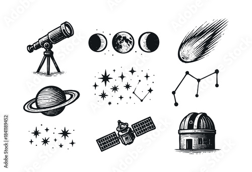A diverse set of hand-drawn astronomy and cosmic elements, featuring telescopes, moon phases, planets, stars, a comet, satellite, and observatory in a vintage, woodcut-style — stock vector.