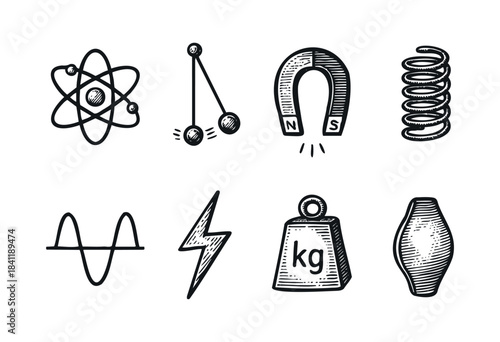 A collection of hand-drawn doodle icons representing fundamental physics concepts and scientific elements on a white background — stock vector.