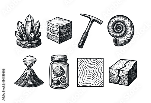 A detailed set of hand-drawn geology, earth science, and mineral elements including crystals, fossils, volcanoes, and tools, perfect for educational and scientific designs — stock vector.