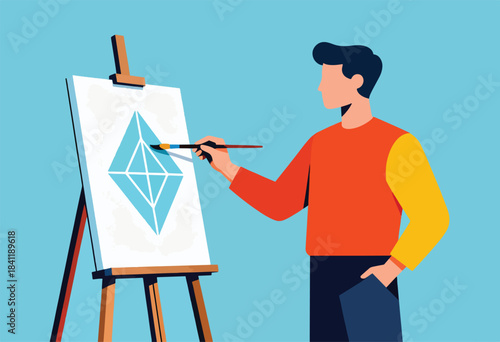 A person paints a blue geometric design on canvas, propped on an easel against a light blue backdrop