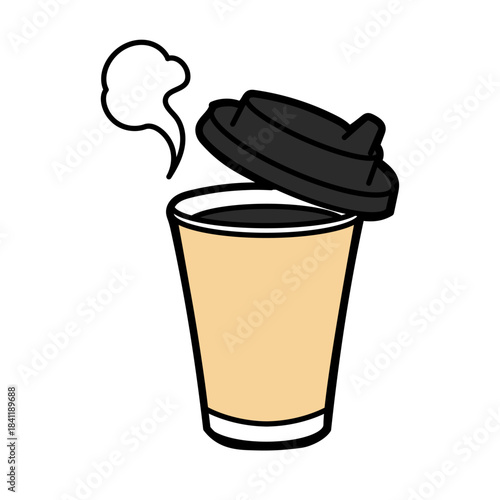 ホットコーヒーをテイクアウトカップで表現したフラットデザインのイラストで湯気が立ち上る温かさをイメージさせる構図｜外したフタがアクセントとなりカフェメニューや広告に使いやすい視覚的な表現
