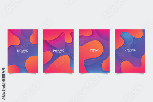 A collection of five contemporary art prints showcasing bold, flowing color transitions in shades of violet, crimson, and amber. Each piece integrates clean, understated lettering paired with structur