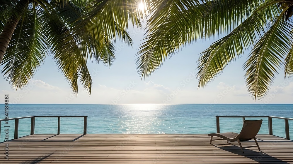 Fototapeta premium Tropical Paradise - Serene Ocean View with Palm Trees and Deck Chair.