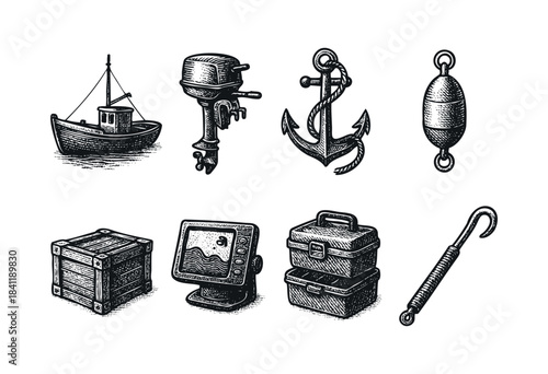 A collection of hand-drawn vintage illustrations depicting various essential nautical and fishing equipment in an engraved woodcut style — stock vector.