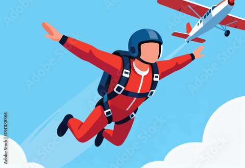 A skydiver in a red suit and helmet jumps from a small plane, arms outstretched, blue sky background