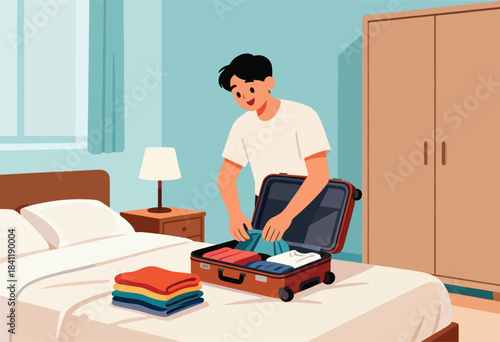 A person packs a suitcase on a bed, folding clothes. Bedroom scene with a window and closet