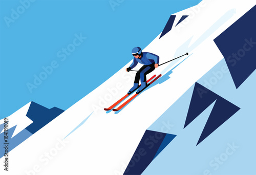A graphic illustration shows a skier carving down a snowy mountain slope with blue sky above