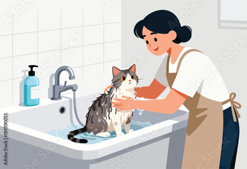 A woman gently washes a cat in a bathroom sink, creating a bubbly bath