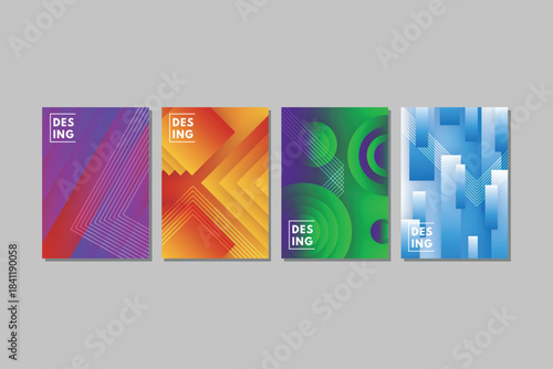 A collection of five contemporary art prints showcasing bold, flowing color transitions in shades of violet, crimson, and amber. Each piece integrates clean, understated lettering paired with structur