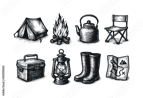A collection of outdoor and camping equipment, including a tent, campfire, lantern, and map, depicted in a monochrome, hand-drawn woodcut style — stock illustration.