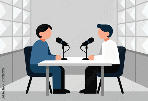 Illustration showing two persons podcasting at a table with mics, seated in a studio room setting