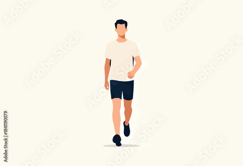 A flat illustration of a person walking towards the viewer, wearing shorts and a t-shirt
