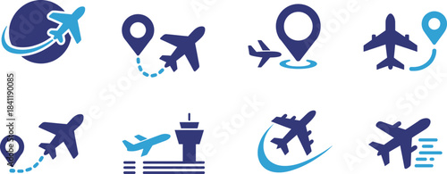 Global air travel and tourism journey icons set, including planes, navigation pins, and flight paths. travel worldwide.