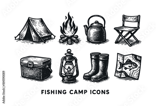 Hand-drawn black and white vector set featuring classic fishing and camping equipment like a tent, campfire, kettle, chair, cooler, lantern, boots, and a fishing map — stock vector.