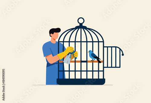A man cleans a birdcage with a cloth and gloves, while a blue bird perches inside the cage