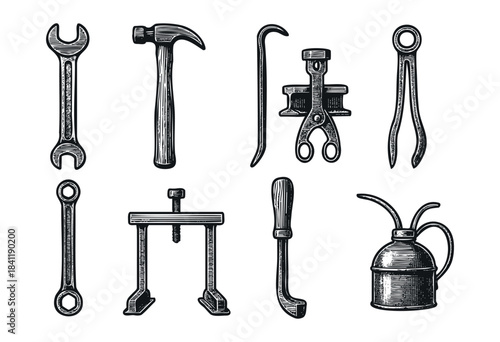 Various essential hand tools like a wrench, hammer, pry bar, and oil can are depicted in a retro, black and white engraved style — stock vector.