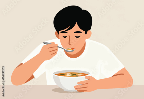 A person, eyes closed, enjoys a spoonful of soup from a white bowl. Illustration shows a moment of quiet eating