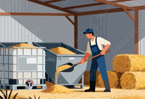 A farmer shovels grain from a container, hay bales nearby in a barn setting, with containers and wooden support