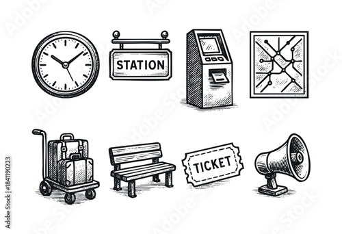 A collection of hand-drawn vintage-style public transport and travel icons including a clock, station sign, ticket machine, map, luggage, bench, ticket, and megaphone — stock vector.