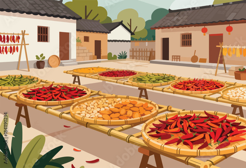 Illustration of a rural scene, with various produce drying on bamboo racks in front of traditional houses