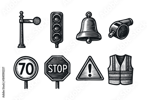 A collection of black and white hand-drawn style icons representing safety, traffic regulation, and warning signs, including a stop sign, traffic light, and safety vest — stock vector.