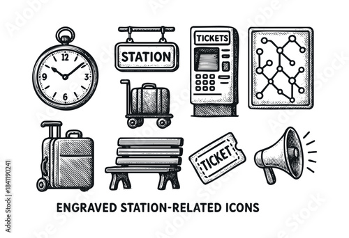 A collection of engraved, hand-drawn vintage icons representing various elements related to public transportation and travel stations — stock vector.