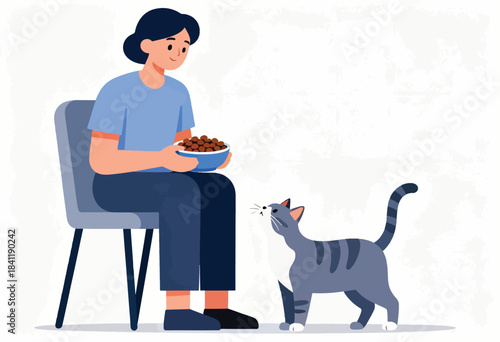 A person seated, holding cat food, looks at a cat standing and looking up, waiting. The scene is flat-style