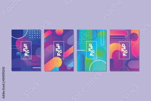 A collection of five contemporary art prints showcasing bold, flowing color transitions in shades of violet, crimson, and amber. Each piece integrates clean, understated lettering paired with structur