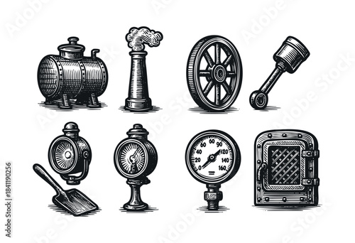 A collection of hand-drawn vintage industrial machinery elements including boiler, chimney, wheel, piston, shovel, lamp, and gauges in an engraved style — stock vector.
