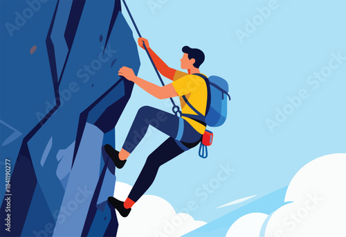 A climber, secured with ropes and gear, ascends a blue rock face against a sky with clouds