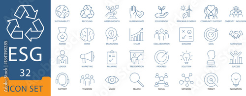 ESG and Sustainability line icon set, include,editable and Business Strategy. Perfect for web, reports, and presentations, featuring icons like Recycling, Green Growth, climate change, and Diversity.