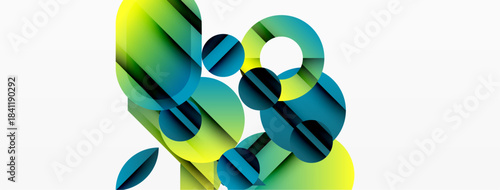 Abstract composition featuring overlapping circles, gradients. Colors range from vibrant yellow to deep teal. Modern design, clean aesthetic.