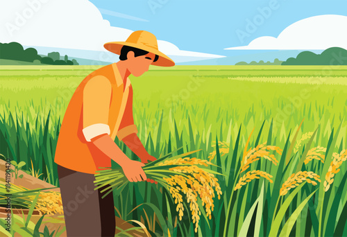 A farmer harvests rice in a vibrant field under a clear blue sky, a straw hat worn, sunny day