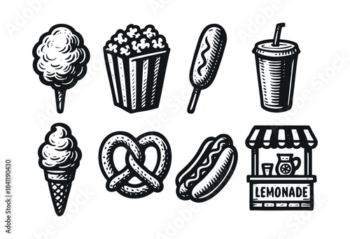 A set of hand-drawn vector illustrations depicting classic carnival and street food items like popcorn, hot dogs, and ice cream in a monochrome style — stock vector.