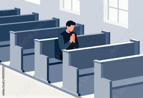 Simple illustration of a person praying in a church. A man kneels with hands together, focus