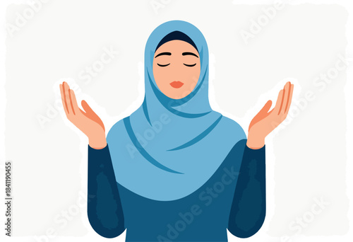 A woman in a light blue hijab with hands open, eyes closed, on a white background