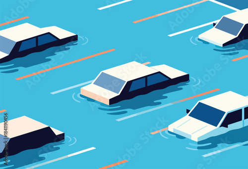 Isometric illustration depicts cars partially submerged in flooded streets with blue water and lane lines
