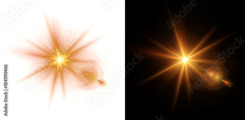 Golden lens flare light effect PNG with hexagonal bokeh. Abstract sun burst with rays isolated on black background for transparent overlay.