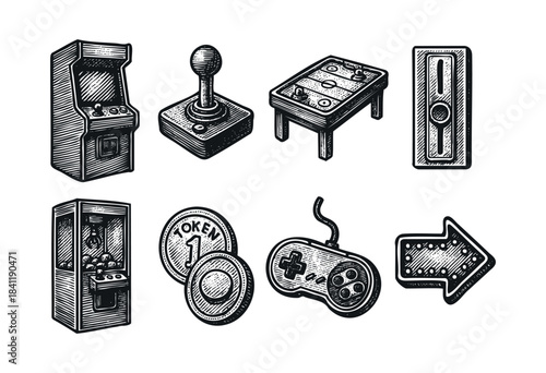 A collection of hand-drawn vintage arcade and video game elements in a classic woodcut style, perfect for retro designs — stock vector.