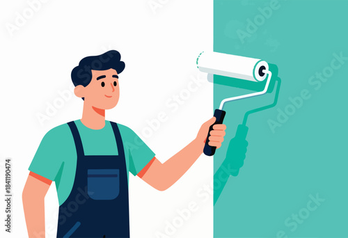 A smiling man, in work overalls, uses a paint roller on a wall, leaving a teal stroke