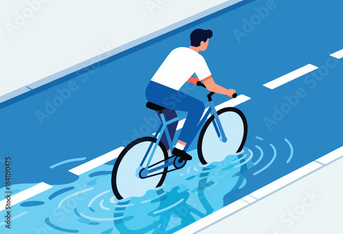 A cyclist in white shirt and blue pants bikes through a flooded road in a minimalist illustration