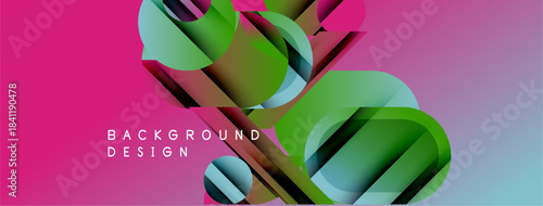 Abstract geometric shapes overlap, creating vibrant pink, green gradients. Modern design elements suggest dynamic composition, visual interest.