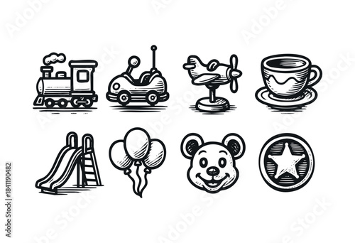 A charming collection of hand-drawn vintage-style children's play items, including a train, car, airplane, teacup, slide, balloons, teddy bear, and sheriff badge — stock vector.