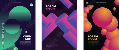 A collection of five contemporary art prints showcasing bold, flowing color transitions in shades of violet, crimson, and amber. Each piece integrates clean, understated lettering paired with structur