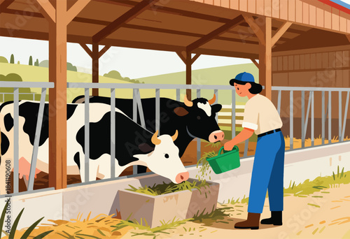 An illustrated depiction of a farmer feeding cows in a barn, featuring lush greenery, wood architecture, and animals