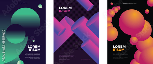 A collection of five contemporary art prints showcasing bold, flowing color transitions in shades of violet, crimson, and amber. Each piece integrates clean, understated lettering paired with structur